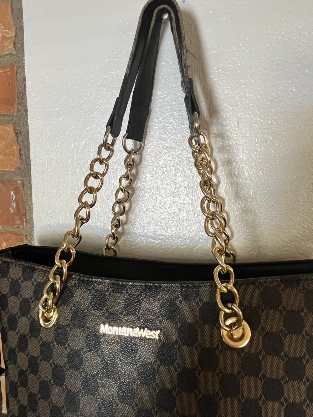 Montana West Brown Checker Tote with Gold Chain Straps